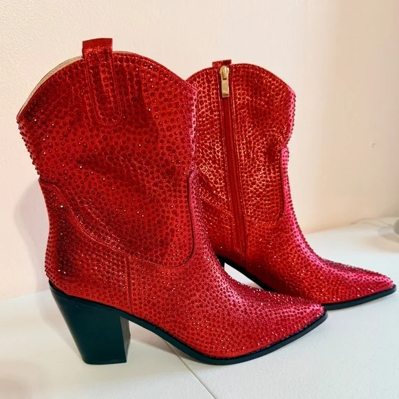 * Berness Sexy Red Rhinestones 3" Block Heel Cowboy Boots - Picture 5 of 10